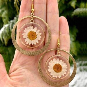 Women's Gold Circular Metal Floral Flower Drop Hanging Dangling Earrings